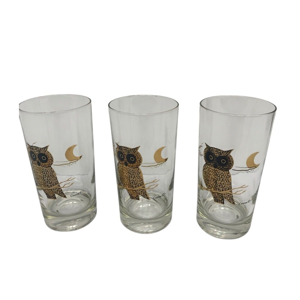 3 Vintage Couroc Owl Crescent Moon MCM Highball‎ Glasses Barware - Picture 2 of 7